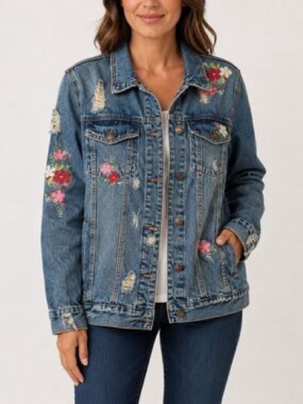 Wax Jean Embroidered Light Blue Denim Jacket with Floral Accents